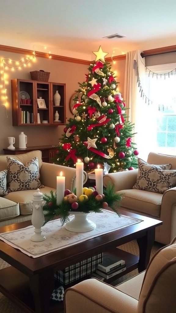 A festive living room with a Christmas tree, homemade ornaments, and a centerpiece of candles and fruits.